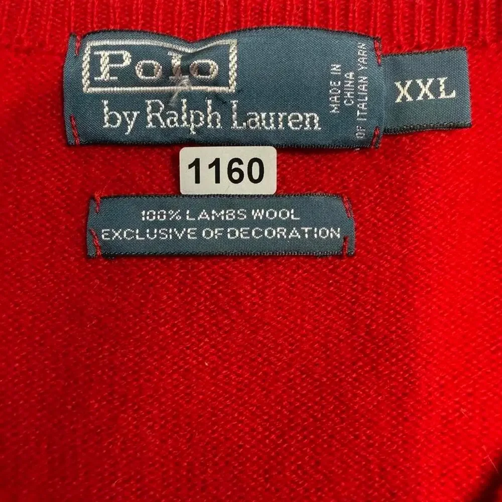 Polo Ralph Lauren Sweater Mens XXL Red V-Neck 100% Lambs Wool Italian Yarn Pony